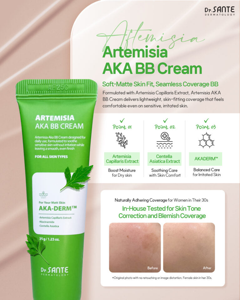 Dr. Sante Soother &amp; AKA BB Duo Set [Special edition]

[Set Includes]

Azulene Soother BB Cream 35 g
Artemisia AKA BB Cream 35 g
Bonus: Rubicell Puff x 2

Customized BB Duo for Sensitive, Dry &amp; Troubled Skin

A professional BB cream duo designed to match different skin conditions — from dry, redness-prone skin to troubled and reactive skin. This set includes two skin-focused BB creams with different finishes and soothing care benefits, allowing customized coverage based on daily skin condition and sk
