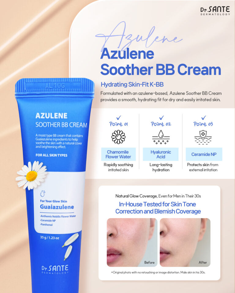 Dr. Sante Soother &amp; AKA BB Duo Set [Special edition]

[Set Includes]

Azulene Soother BB Cream 35 g
Artemisia AKA BB Cream 35 g
Bonus: Rubicell Puff x 2

Customized BB Duo for Sensitive, Dry &amp; Troubled Skin

A professional BB cream duo designed to match different skin conditions — from dry, redness-prone skin to troubled and reactive skin. This set includes two skin-focused BB creams with different finishes and soothing care benefits, allowing customized coverage based on daily skin condition and sk