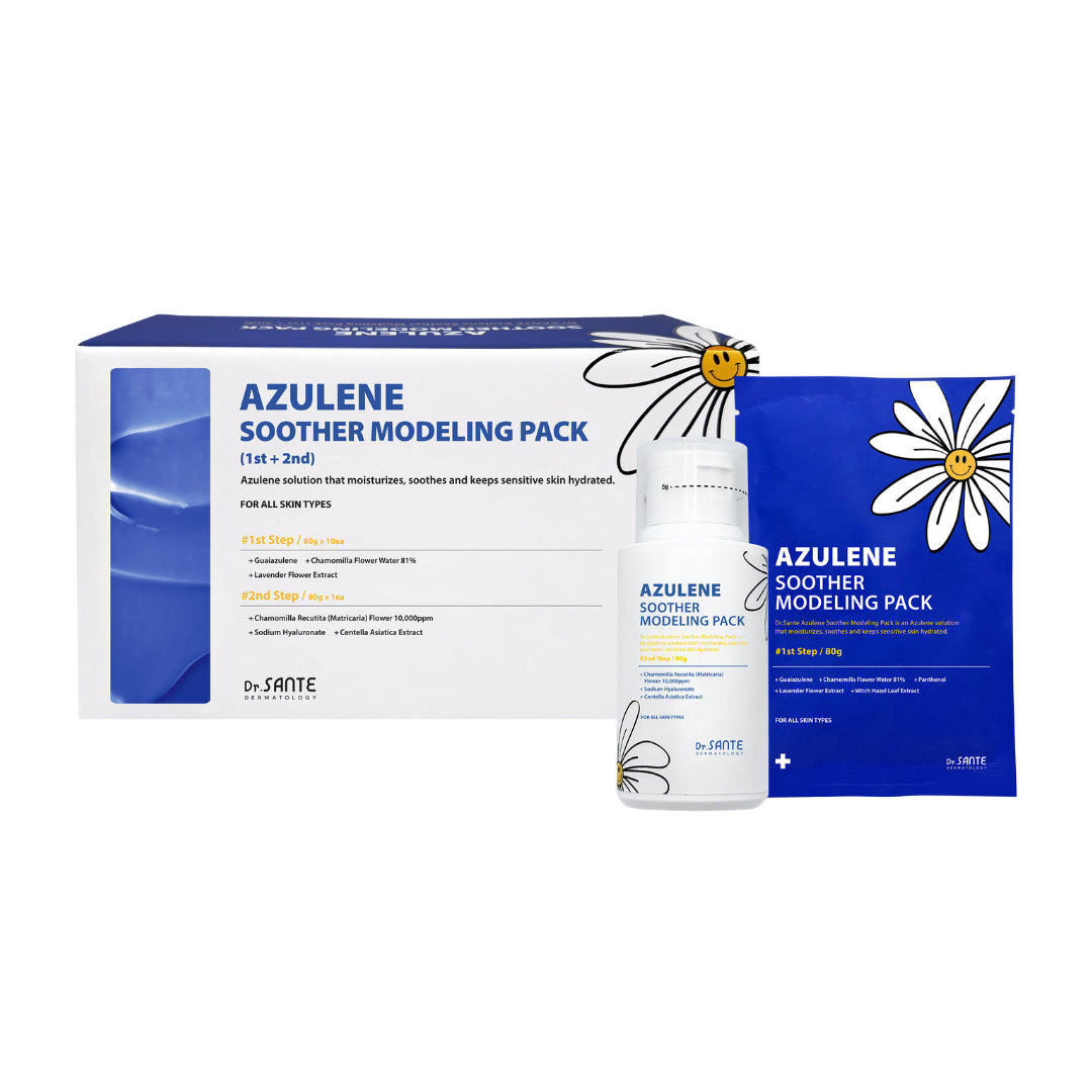 Dr. Sante Azulene Modeling Mask 10 Treatments

(No.1 8g × 10 / No.2 80g)

Soothing &amp; Cooling Modeling Mask for Sensitive, Heated Skin

A professional wash-off soothing modeling mask formulated with 81% chamomile flower water and enriched with real blue guaiazulene to provide intensive calming care, deep hydration, and instant cooling relief for sensitive and stressed skin.

This non-sticky modeling pack helps quickly soothe heat sensitivity while improving inner skin hydration and supporting a healthier