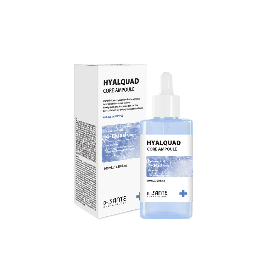 Dr. Sante Hyalquad Core Ampoule 100ml (3.38oz)

Intensive Hydrating Ampoule for Dry &amp; Dehydrated Skin

A concentrated hydrating ampoule formulated with the HyalQuad-4 System featuring 8 types of Hyaluronic Acid to deeply replenish moisture from the inner layers of the skin to the surface, helping restore healthy, plump, and hydrated skin.

Powered by low-, medium-, and high-molecular-weight hyaluronic acid, this moisture-rich formula helps provide long-lasting hydration while improving the appearance of
