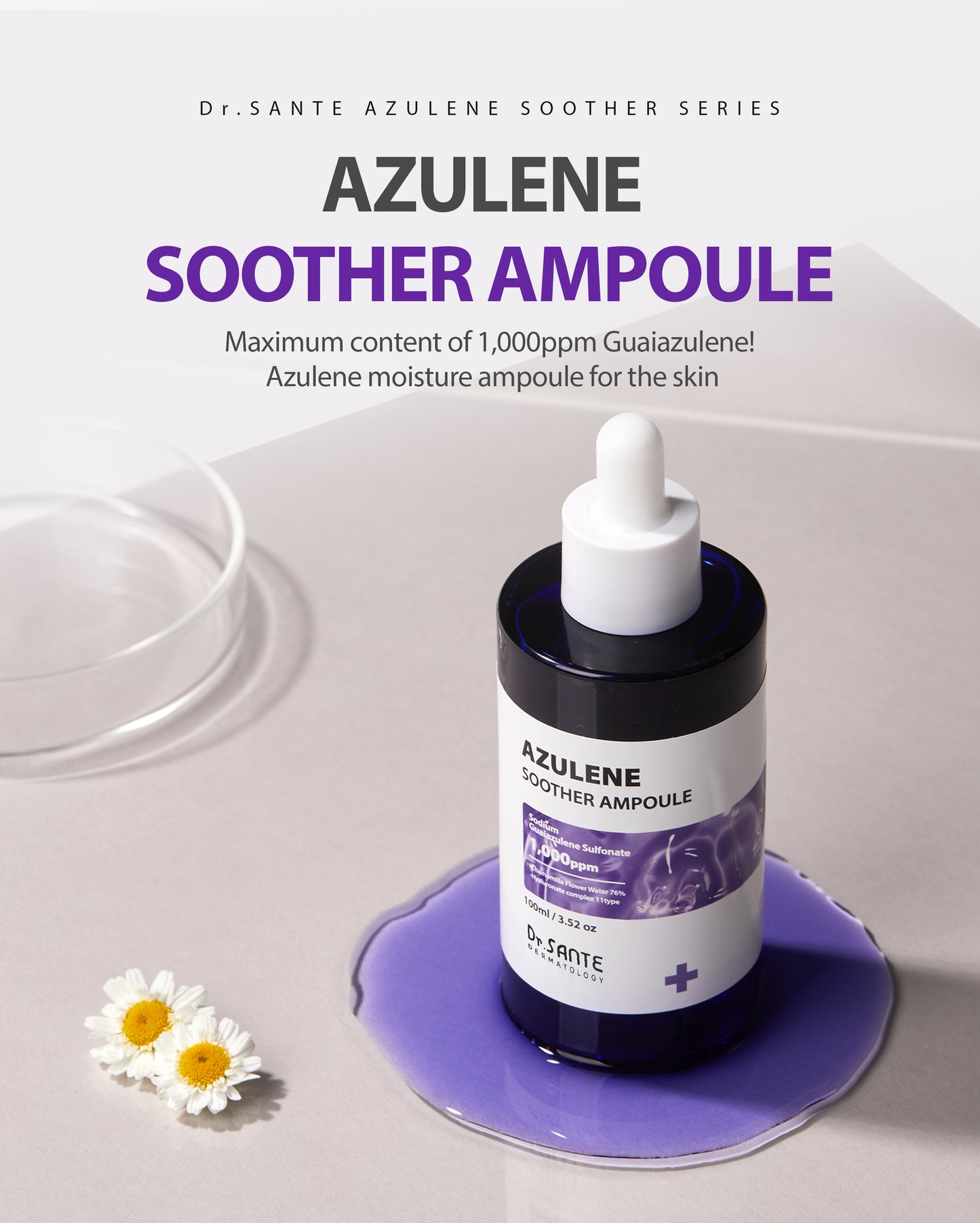 Dr.Sante Azulene Soother Ampoule 50ml / 100ml (1.69 oz / 3.38oz)

Deep Calming &amp; Hydrating Ampoule for Balanced, Resilient Skin

A high-performance soothing ampoule specially designed for sensitive and irritated skin, featuring a rich concentration of azulene for intensive calming care.

Formulated with 1,000 ppm of premium guaiazulene, this deep blue ampoule helps reduce redness, soothe irritation, and restore the skin’s natural balance while strengthening the skin barrier.

Infused with Salicornia Her