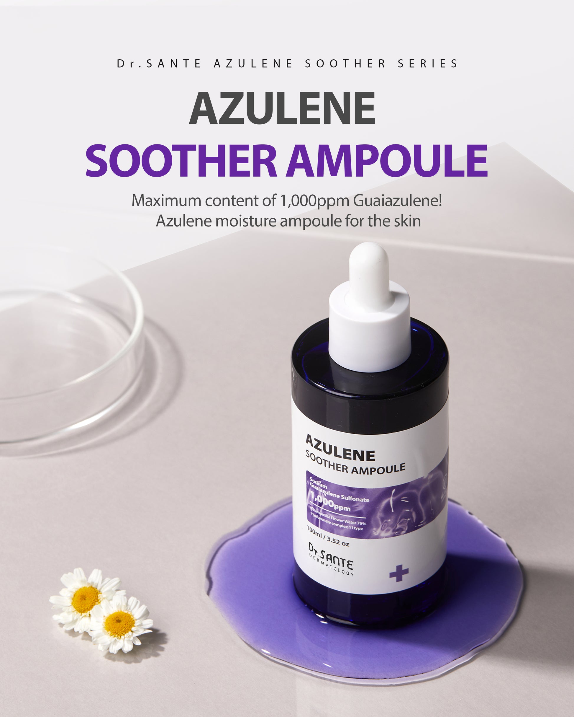 Dr.Sante Azulene Soother Ampoule 50ml / 100ml (1.69 oz / 3.38oz)

Deep Calming &amp; Hydrating Ampoule for Balanced, Resilient Skin

A high-performance soothing ampoule specially designed for sensitive and irritated skin, featuring a rich concentration of azulene for intensive calming care.

Formulated with 1,000 ppm of premium guaiazulene, this deep blue ampoule helps reduce redness, soothe irritation, and restore the skin’s natural balance while strengthening the skin barrier.

Infused with Salicornia Her
