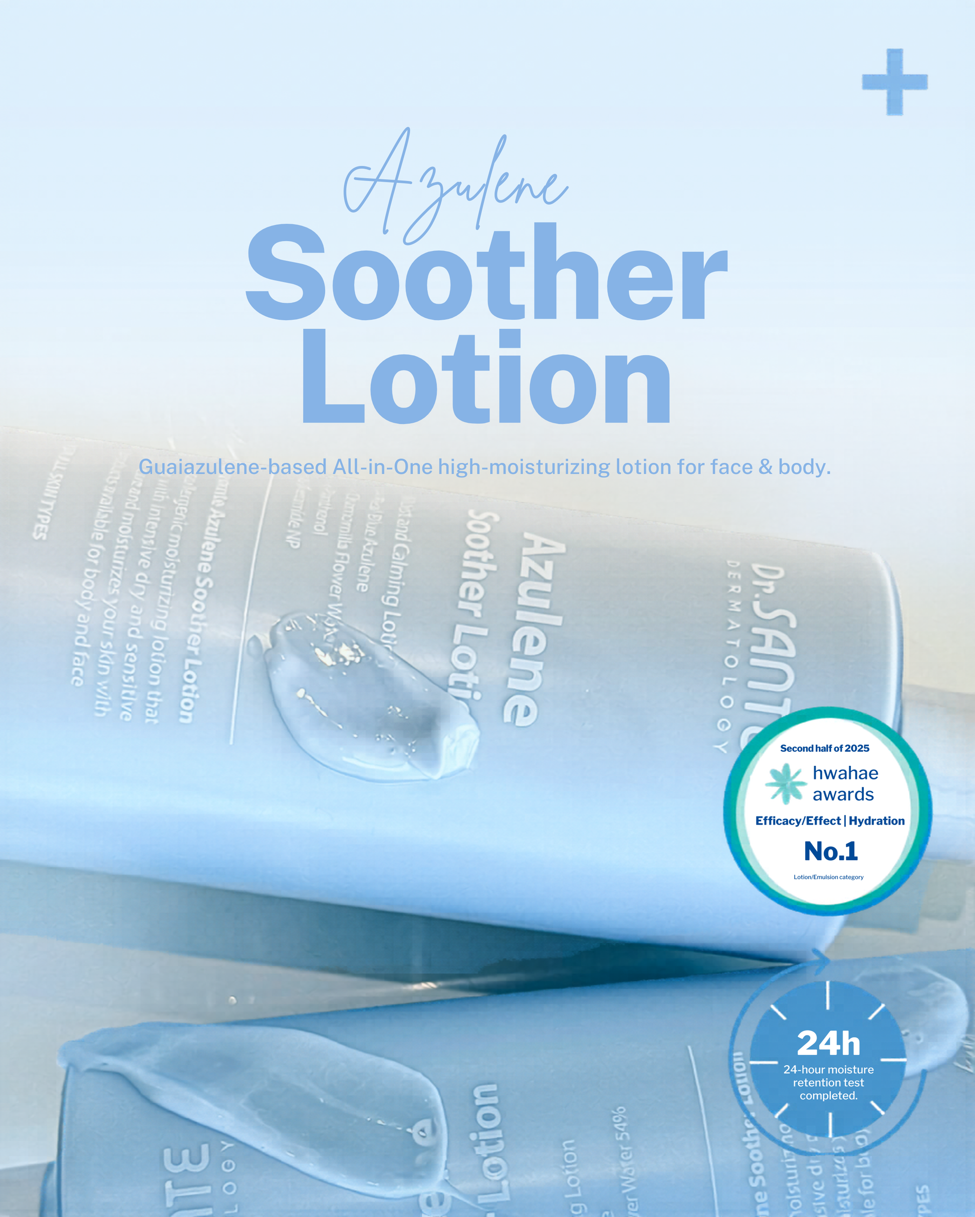Dr.Sante Azulene Soother Lotion 200ml / 500ml (6.76 fl oz / 16.9 fl oz)

Deep Hydration &amp; Calming Lotion for Sensitive, Dehydrated Skin

A gentle yet deeply nourishing soothing lotion formulated with 57% chamomile flower water instead of purified water to provide intensive hydration and calming care for dry, sensitive, and stressed skin.

Enriched with real blue azulene, panthenol, and ceramide NP, this lightweight lotion helps soothe irritation, strengthen the skin barrier, and improve moisture retenti
