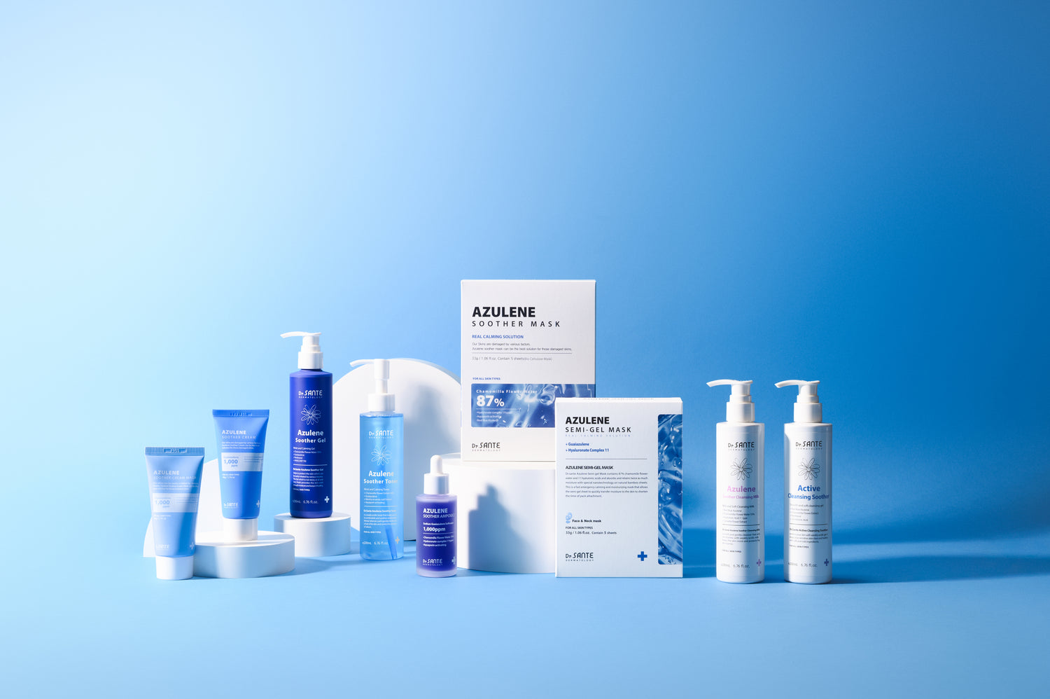 Dr.Sante Azulene Soother Series features azulene and chamomile water extract for calming and soothing effect. Perfect for sensitive skin and restoring barrier to prevent all problematic skin.
