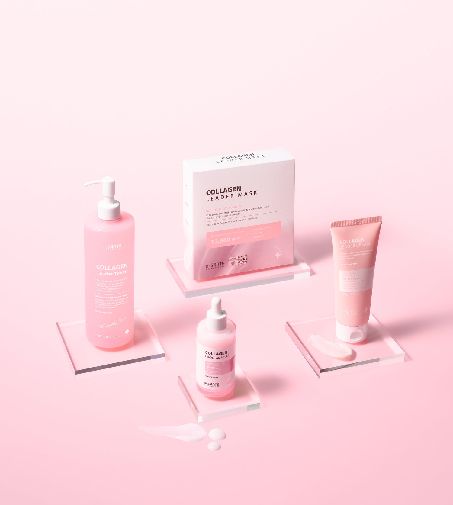 Dr.Sante Collagen Leader line features human stem cell conditioned media and hydrolyzed collagen for anti-aging and regeneration after facial treatment