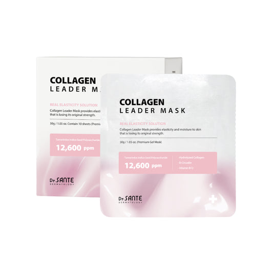 Dr. Sante Collagen Leader Mask 30g × 10 Sheets (1.05oz × 10 Sheets)

Firming &amp; Hydrating Hydrogel Mask for Dry, Dull &amp; Aging Skin

A revitalizing hydrogel mask formulated with Hydrolyzed Collagen and Tremella Polysaccharides to help improve skin elasticity, deeply hydrate, and restore healthy-looking vitality to tired, weakened skin.

Infused with Hyaluronic Acid, Panthenol, Vitamin B12, and Provence Rose Flower Water, this nourishing mask helps replenish moisture, soothe the skin, and promote a fir