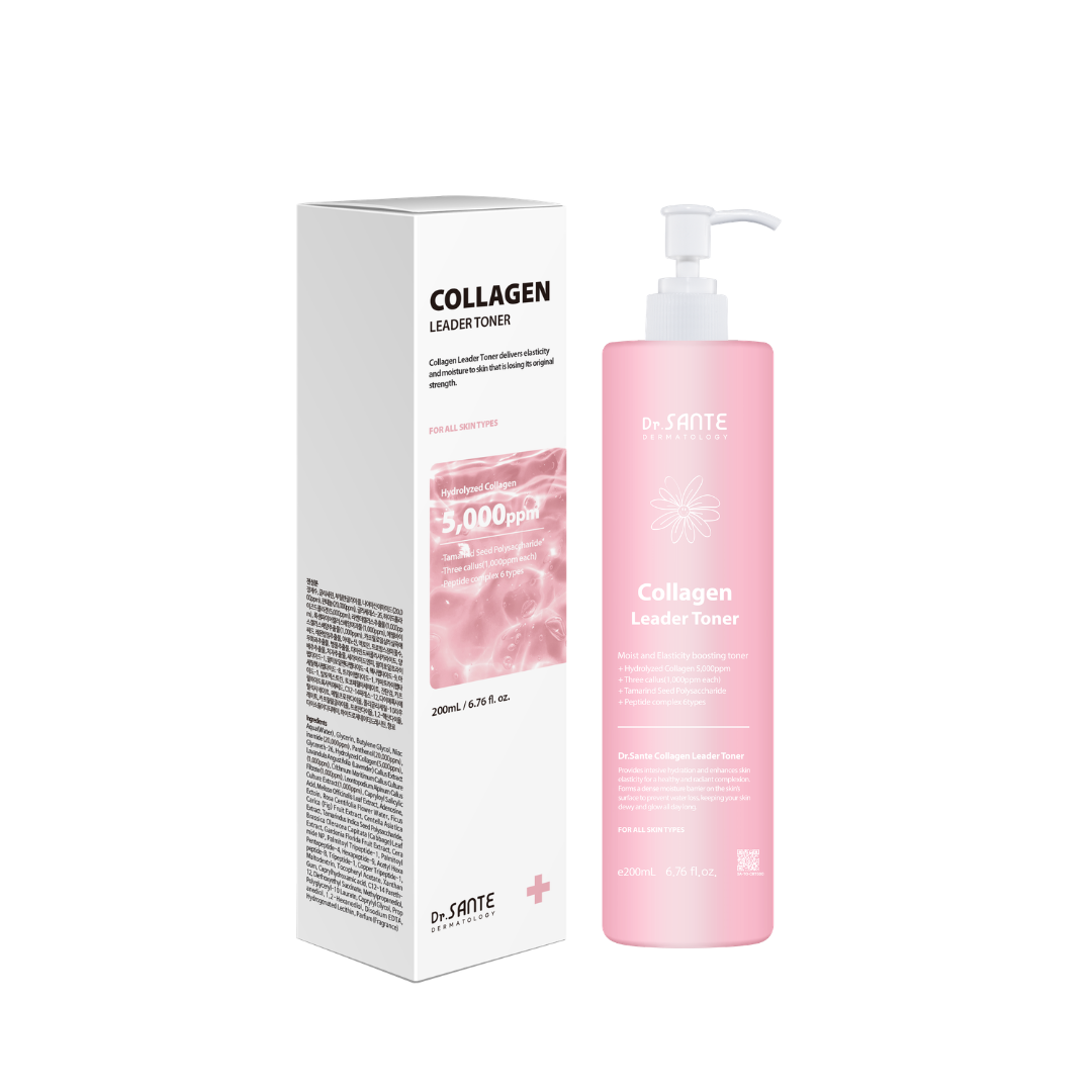 Dr. Sante Collagen Leader Toner 200ml / 500ml (6.76oz / 16.9oz)

Elasticity &amp; Hydrating Toner for Dry, Dull &amp; Aging Skin

A nourishing toner formulated with 5,000 ppm Hydrolyzed Collagen to help improve skin elasticity, replenish hydration, and restore healthy-looking vitality to tired, weakened skin.

Infused with three types of plant callus–derived ingredients, six types of peptides, and Provence Rose Flower Water, this revitalizing formula helps support firmer, smoother, and more resilient-lookin