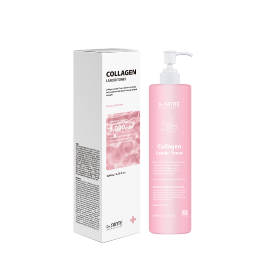 Dr. Sante Collagen Leader Toner 200ml / 500ml (6.76oz / 16.9oz)

Elasticity &amp; Hydrating Toner for Dry, Dull &amp; Aging Skin

A nourishing toner formulated with 5,000 ppm Hydrolyzed Collagen to help improve skin elasticity, replenish hydration, and restore healthy-looking vitality to tired, weakened skin.

Infused with three types of plant callus–derived ingredients, six types of peptides, and Provence Rose Flower Water, this revitalizing formula helps support firmer, smoother, and more resilient-lookin