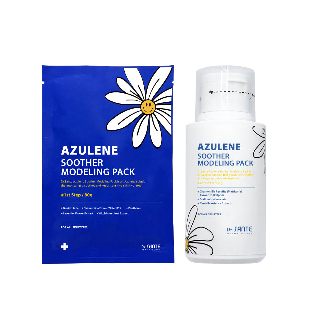 Dr. Sante Azulene Modeling Mask 10 Treatments

(No.1 8g × 10 / No.2 80g)

Soothing &amp; Cooling Modeling Mask for Sensitive, Heated Skin

A professional wash-off soothing modeling mask formulated with 81% chamomile flower water and enriched with real blue guaiazulene to provide intensive calming care, deep hydration, and instant cooling relief for sensitive and stressed skin.

This non-sticky modeling pack helps quickly soothe heat sensitivity while improving inner skin hydration and supporting a healthier