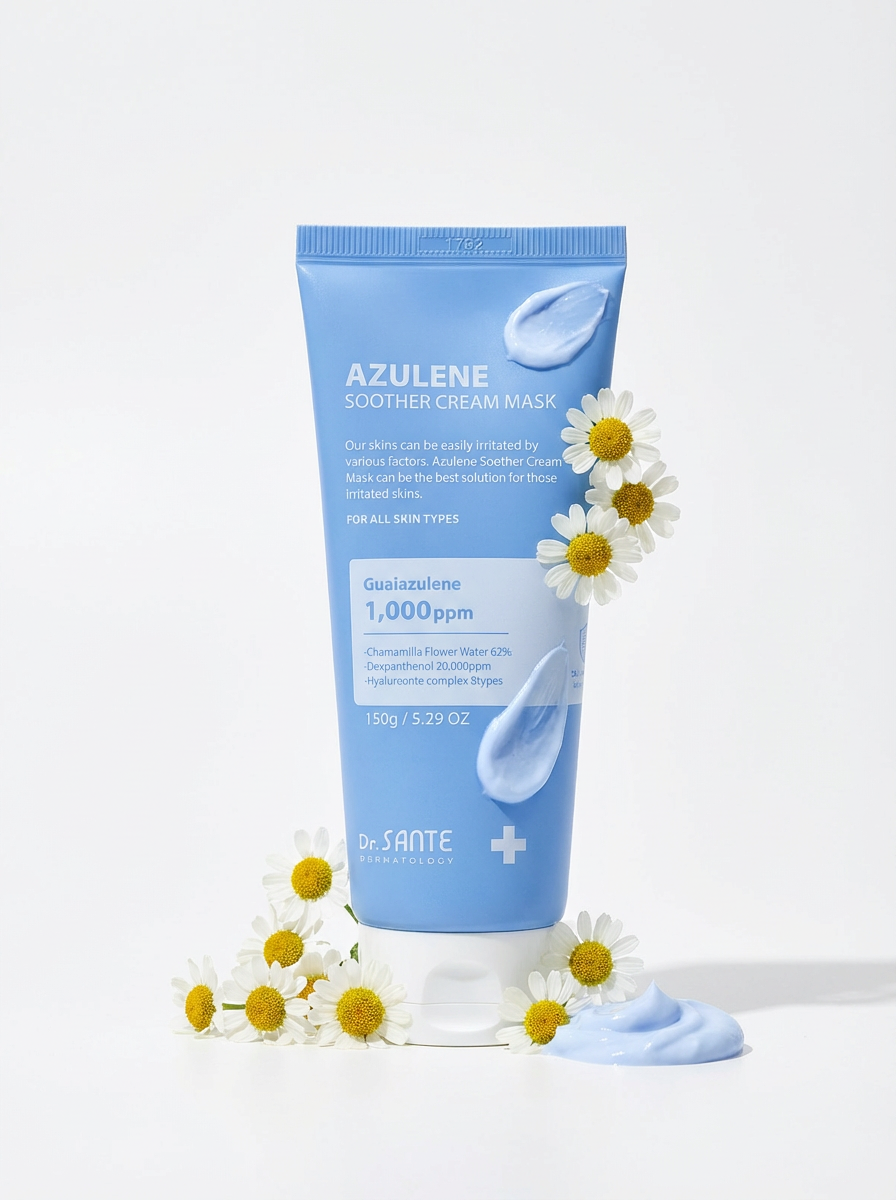 Dr. Sante Azulene Soother Cream Mask 50g / 150g (1.76 oz / 5.29 oz)

Deep Calming &amp; Hydrating Wash-Off Cream Mask for Sensitive Skin

A rich cream-type wash-off mask specially formulated for sensitive, dry, and dehydrated skin, featuring 62% chamomile flower water instead of purified water for gentle yet effective soothing care.

Enriched with 1,000 ppm of guaiazulene, 20,000 ppm of dexpanthenol, and 8 types of hyaluronic acid, this intensive moisturizing mask helps calm irritation, strengthen the skin 