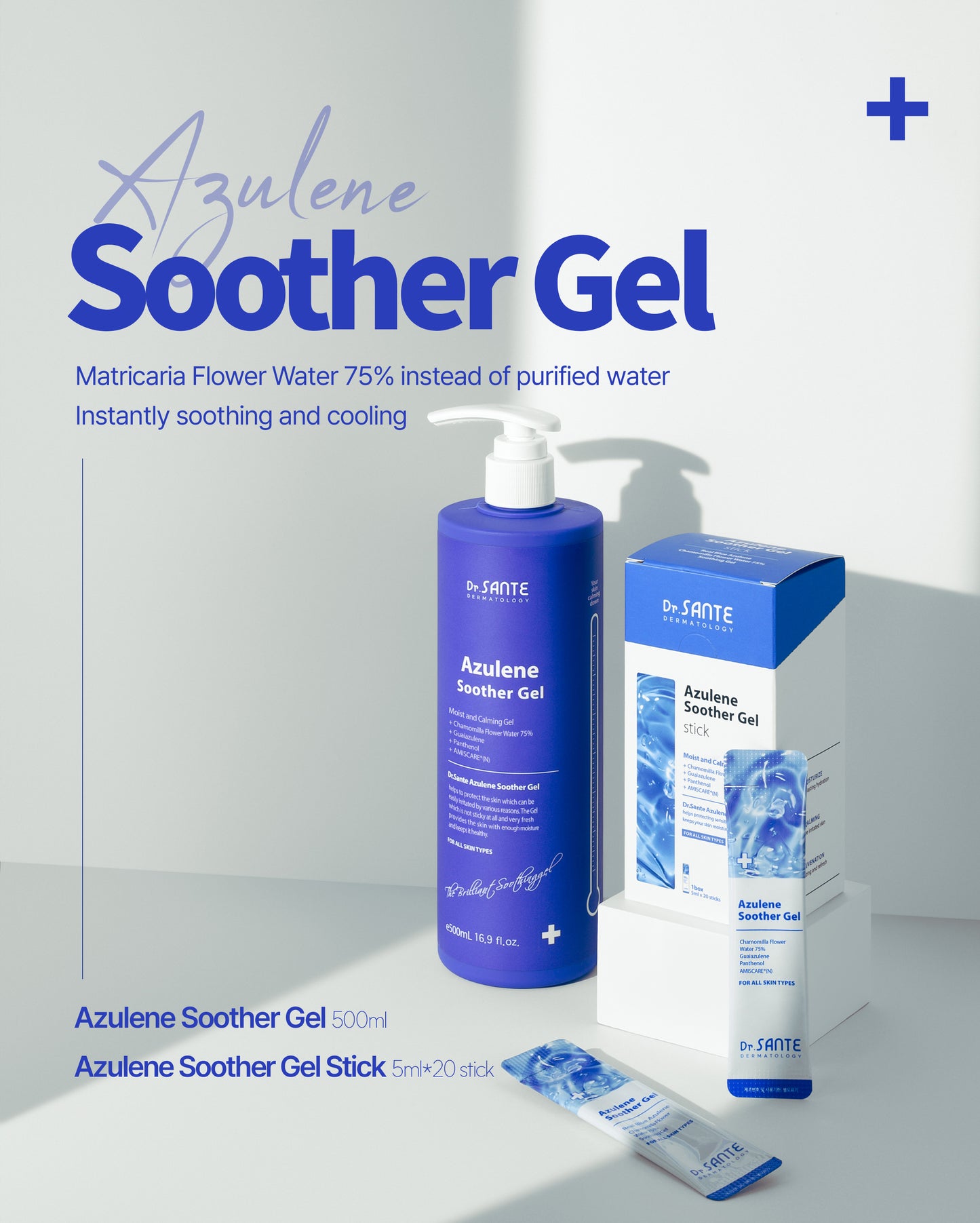 Dr. Sante Azulene Soother Gel 5ml*20sticks / 200ml / 500ml

Cooling, Soothing &amp; Hydrating Gel for Calm, Refreshed Skin

A multi-functional soothing gel formulated with 75% chamomile flower water instead of purified water, designed to instantly calm irritated skin while delivering refreshing hydration.

Powered by an azulene-based formula, this lightweight gel helps reduce skin temperature, soothe redness, and relieve irritation caused by external stressors such as UV exposure, heat, and environmental ch