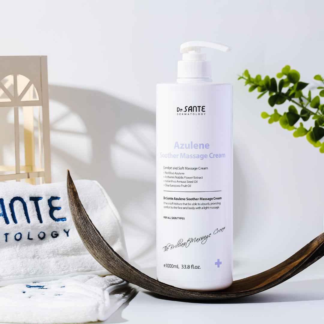 Dr. Sante Azulene Soother Massage Cream 1000ml (33.81oz)

Professional Multi-Purpose Massage Cream for Hydrated &amp; Nourished Skin

A rich yet fast-absorbing professional massage cream formulated with olive oil, wheat germ oil, and shea butter to deeply moisturize and nourish the skin while supporting softness and elasticity. Designed for professional esthetic treatments, this versatile cream is suitable for facial, body, and device-based care.

Its non-sticky texture glides smoothly onto the skin, delive