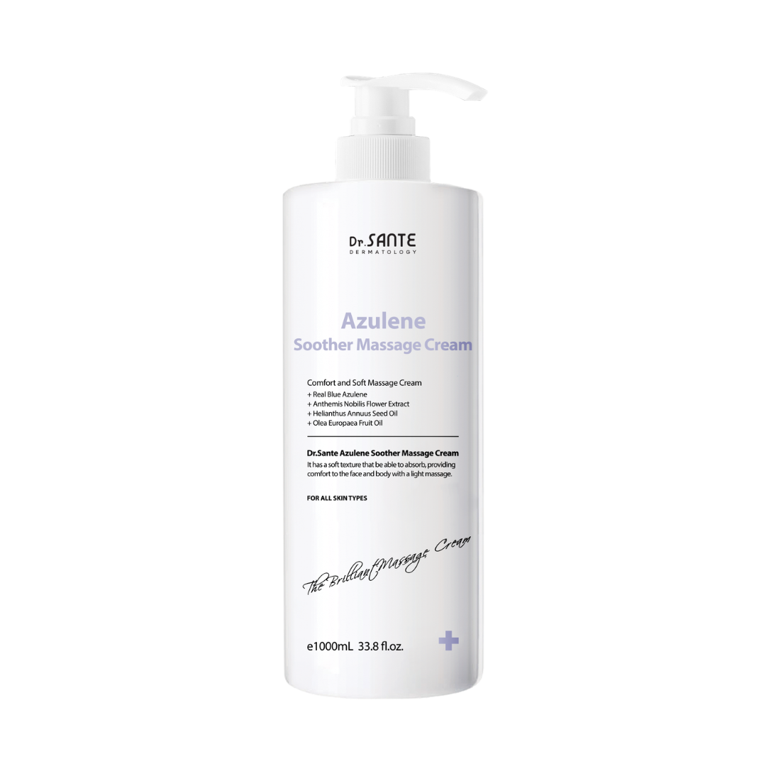 Dr. Sante Azulene Soother Massage Cream 1000ml (33.81oz)

Professional Multi-Purpose Massage Cream for Hydrated &amp; Nourished Skin

A rich yet fast-absorbing professional massage cream formulated with olive oil, wheat germ oil, and shea butter to deeply moisturize and nourish the skin while supporting softness and elasticity. Designed for professional esthetic treatments, this versatile cream is suitable for facial, body, and device-based care.

Its non-sticky texture glides smoothly onto the skin, delive