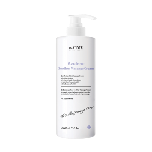 Dr. Sante Azulene Soother Massage Cream 1000ml (33.81oz)

Professional Multi-Purpose Massage Cream for Hydrated &amp; Nourished Skin

A rich yet fast-absorbing professional massage cream formulated with olive oil, wheat germ oil, and shea butter to deeply moisturize and nourish the skin while supporting softness and elasticity. Designed for professional esthetic treatments, this versatile cream is suitable for facial, body, and device-based care.

Its non-sticky texture glides smoothly onto the skin, delive