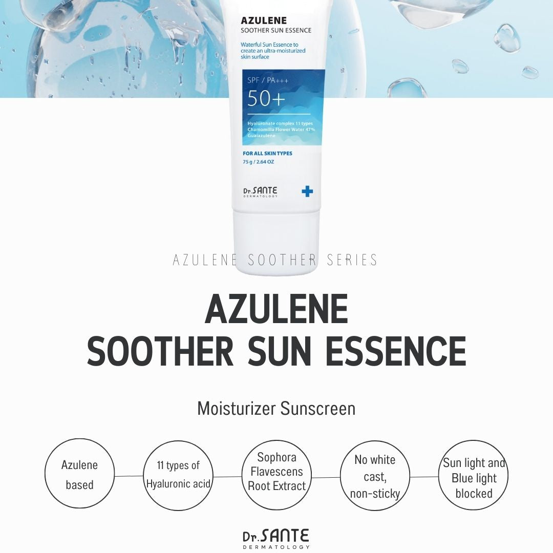 Dr. Sante Azulene Soother Sun Essence 75g (2.54oz)

Hydrating Daily Sun Essence for Sensitive &amp; Protected Skin

A lightweight essence-type sunscreen formulated with chamomile flower water instead of purified water and infused with an 11-type hyaluronic acid complex to deliver long-lasting hydration while protecting the skin from harmful UV rays.

This daily sun care formula helps maintain a healthy skin barrier while soothing and moisturizing sensitive skin without stickiness or white cast. Enriched wit