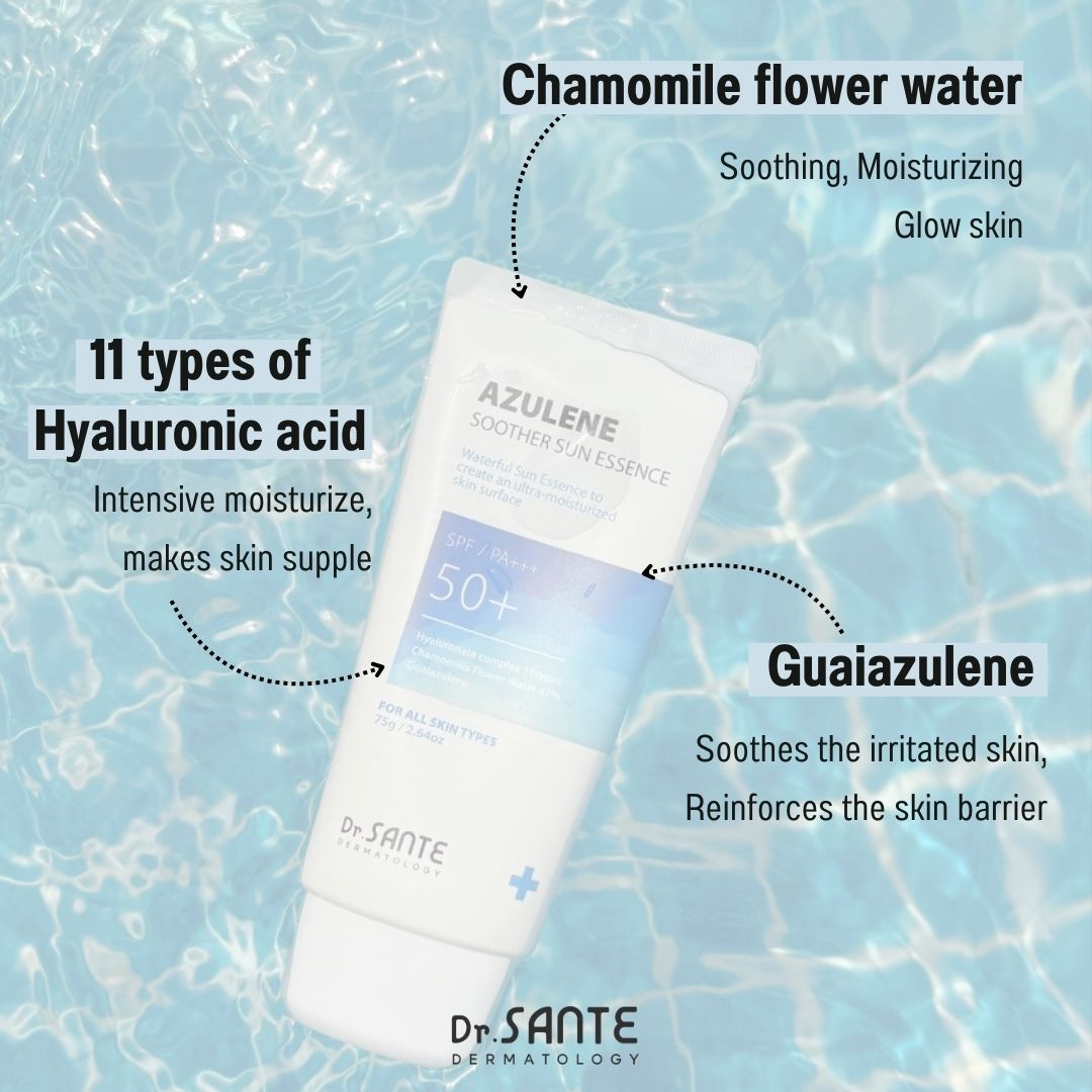 Dr. Sante Azulene Soother Sun Essence 75g (2.54oz)

Hydrating Daily Sun Essence for Sensitive &amp; Protected Skin

A lightweight essence-type sunscreen formulated with chamomile flower water instead of purified water and infused with an 11-type hyaluronic acid complex to deliver long-lasting hydration while protecting the skin from harmful UV rays.

This daily sun care formula helps maintain a healthy skin barrier while soothing and moisturizing sensitive skin without stickiness or white cast. Enriched wit