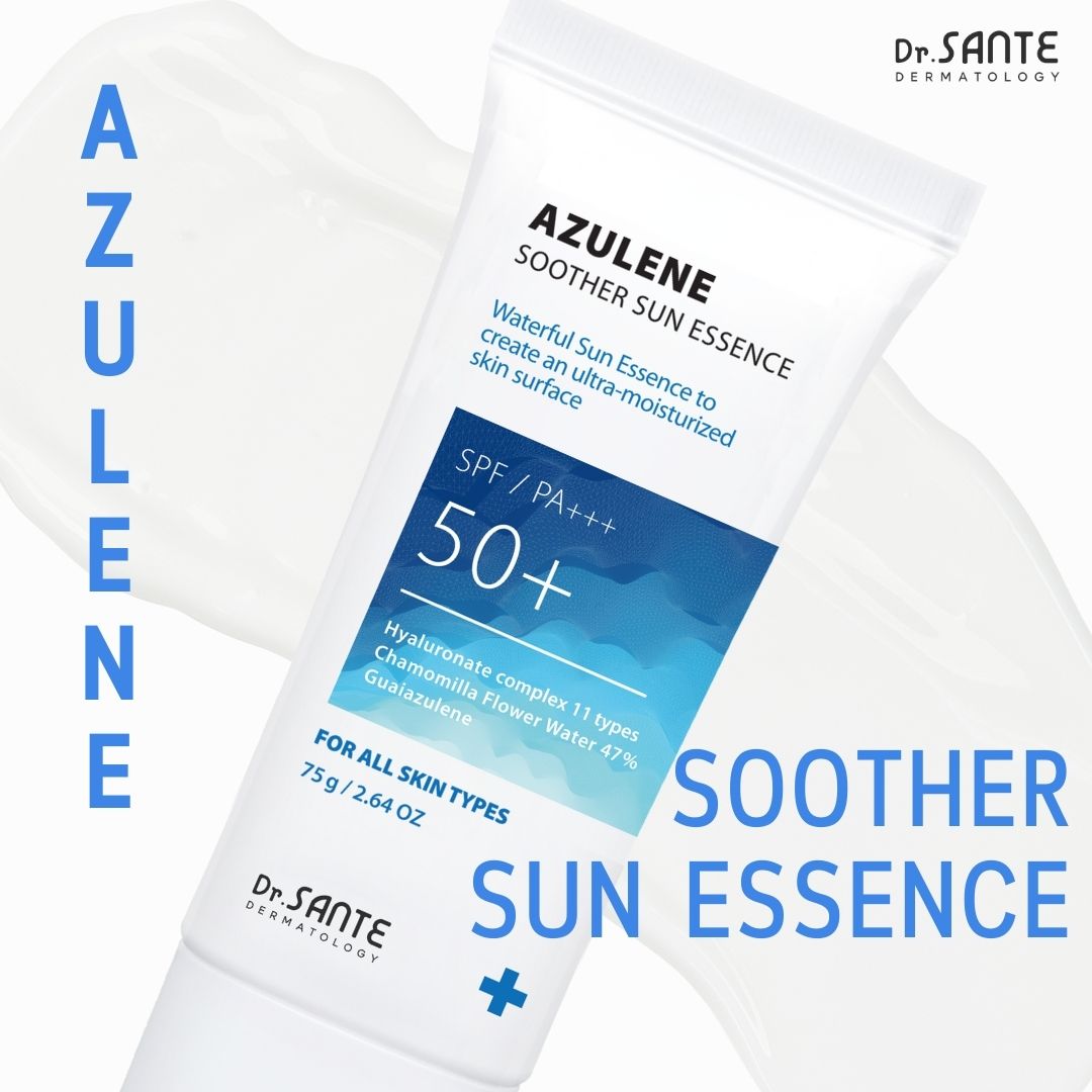 Dr. Sante Azulene Soother Sun Essence 75g (2.54oz)

Hydrating Daily Sun Essence for Sensitive &amp; Protected Skin

A lightweight essence-type sunscreen formulated with chamomile flower water instead of purified water and infused with an 11-type hyaluronic acid complex to deliver long-lasting hydration while protecting the skin from harmful UV rays.

This daily sun care formula helps maintain a healthy skin barrier while soothing and moisturizing sensitive skin without stickiness or white cast. Enriched wit