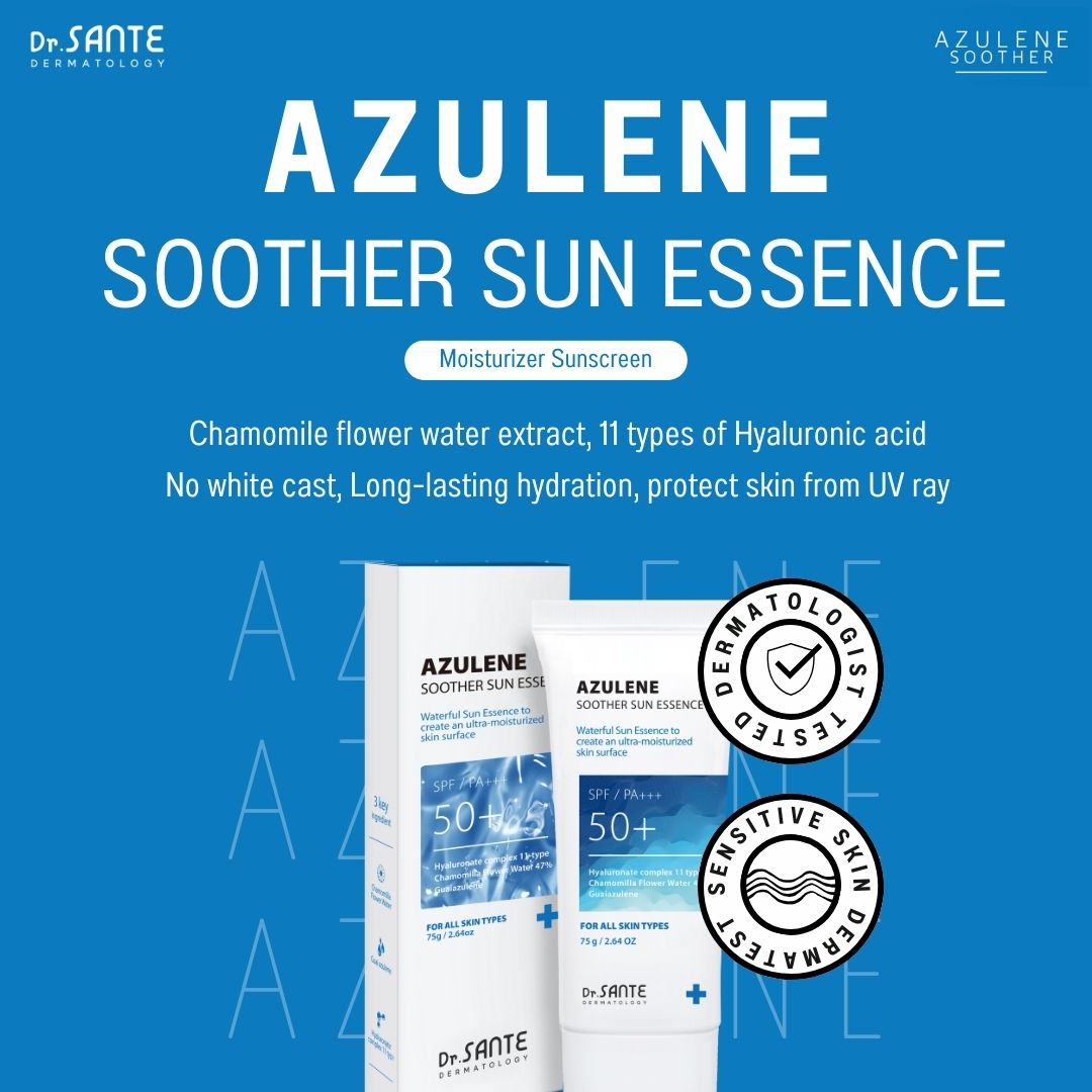 Dr. Sante Azulene Soother Sun Essence 75g (2.54oz)

Hydrating Daily Sun Essence for Sensitive &amp; Protected Skin

A lightweight essence-type sunscreen formulated with chamomile flower water instead of purified water and infused with an 11-type hyaluronic acid complex to deliver long-lasting hydration while protecting the skin from harmful UV rays.

This daily sun care formula helps maintain a healthy skin barrier while soothing and moisturizing sensitive skin without stickiness or white cast. Enriched wit