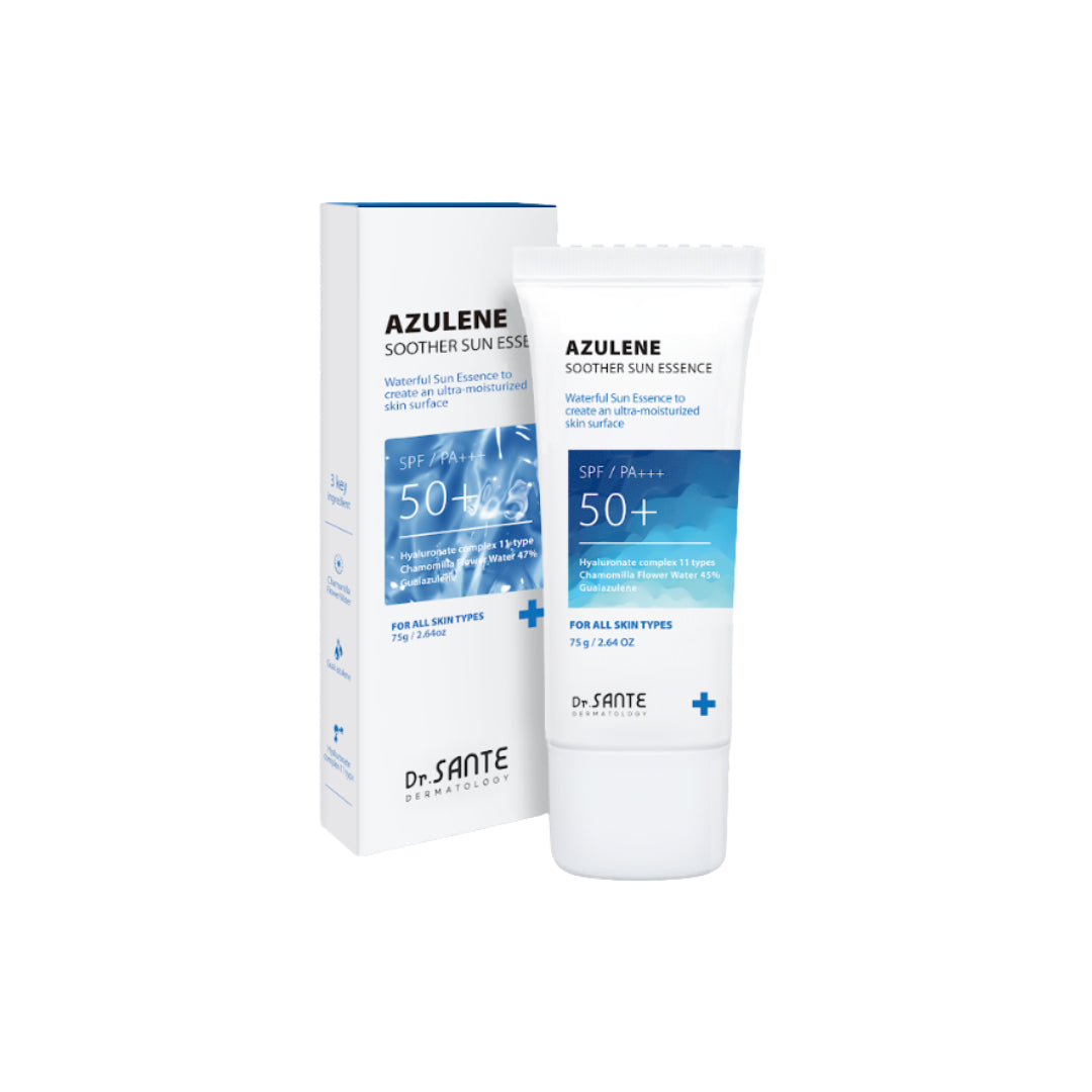 Dr. Sante Azulene Soother Sun Essence 75g (2.54oz)

Hydrating Daily Sun Essence for Sensitive &amp; Protected Skin

A lightweight essence-type sunscreen formulated with chamomile flower water instead of purified water and infused with an 11-type hyaluronic acid complex to deliver long-lasting hydration while protecting the skin from harmful UV rays.

This daily sun care formula helps maintain a healthy skin barrier while soothing and moisturizing sensitive skin without stickiness or white cast. Enriched wit