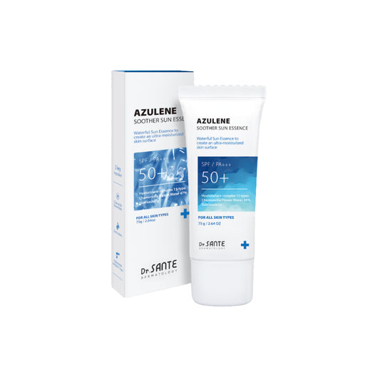 Dr. Sante Azulene Soother Sun Essence 75g (2.54oz)

Hydrating Daily Sun Essence for Sensitive &amp; Protected Skin

A lightweight essence-type sunscreen formulated with chamomile flower water instead of purified water and infused with an 11-type hyaluronic acid complex to deliver long-lasting hydration while protecting the skin from harmful UV rays.

This daily sun care formula helps maintain a healthy skin barrier while soothing and moisturizing sensitive skin without stickiness or white cast. Enriched wit