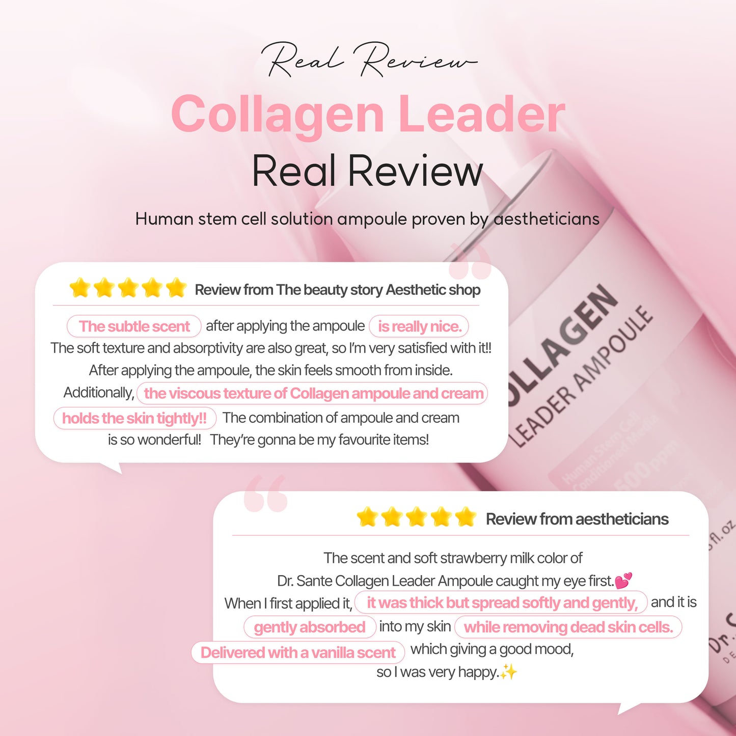 Dr. Sante Collagen Leader Ampoule 100ml (3.38oz)

Elasticity &amp; Revitalizing Ampoule for Dry, Weak &amp; Aging Skin

A concentrated elasticity ampoule formulated with 48,500 ppm Human Adipose-Derived Stem Cell Conditioned Media to help restore weakened skin vitality, improve elasticity, and deeply hydrate tired-looking skin.

Infused with 6 types of peptides, Hydrolyzed Collagen, and Provence Rose Flower Water, this nourishing ampoule helps support skin renewal while improving the appearance of firmness,