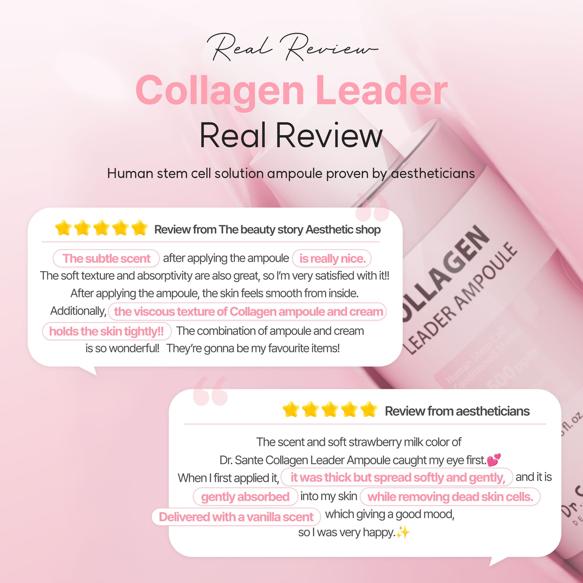 Dr. Sante Collagen Leader Ampoule 100ml (3.38oz)

Elasticity &amp; Revitalizing Ampoule for Dry, Weak &amp; Aging Skin

A concentrated elasticity ampoule formulated with 48,500 ppm Human Adipose-Derived Stem Cell Conditioned Media to help restore weakened skin vitality, improve elasticity, and deeply hydrate tired-looking skin.

Infused with 6 types of peptides, Hydrolyzed Collagen, and Provence Rose Flower Water, this nourishing ampoule helps support skin renewal while improving the appearance of firmness,