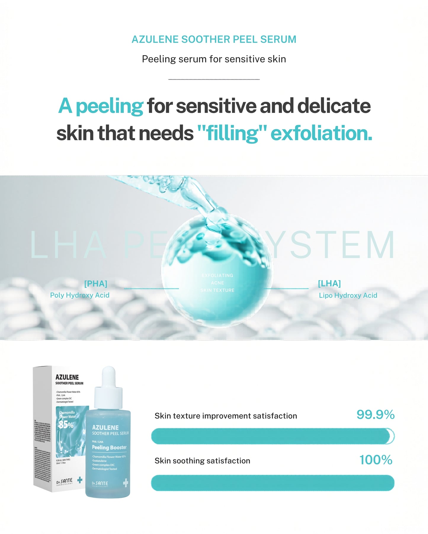 Dr. Sante Soother Peel Serum 50ml

Gentle Peeling &amp; Hydrating Booster for Smooth, Bright &amp; Calm Skin

A low-irritation peeling booster serum formulated with 85% chamomile flower water instead of purified water, designed to gently exfoliate while soothing and hydrating the skin.

Enriched with PHA and LHA, it effectively removes unnecessary dead skin cells without causing irritation, helping to refine skin texture and promote a clearer, brighter complexion.

This serum not only exfoliates but also de
