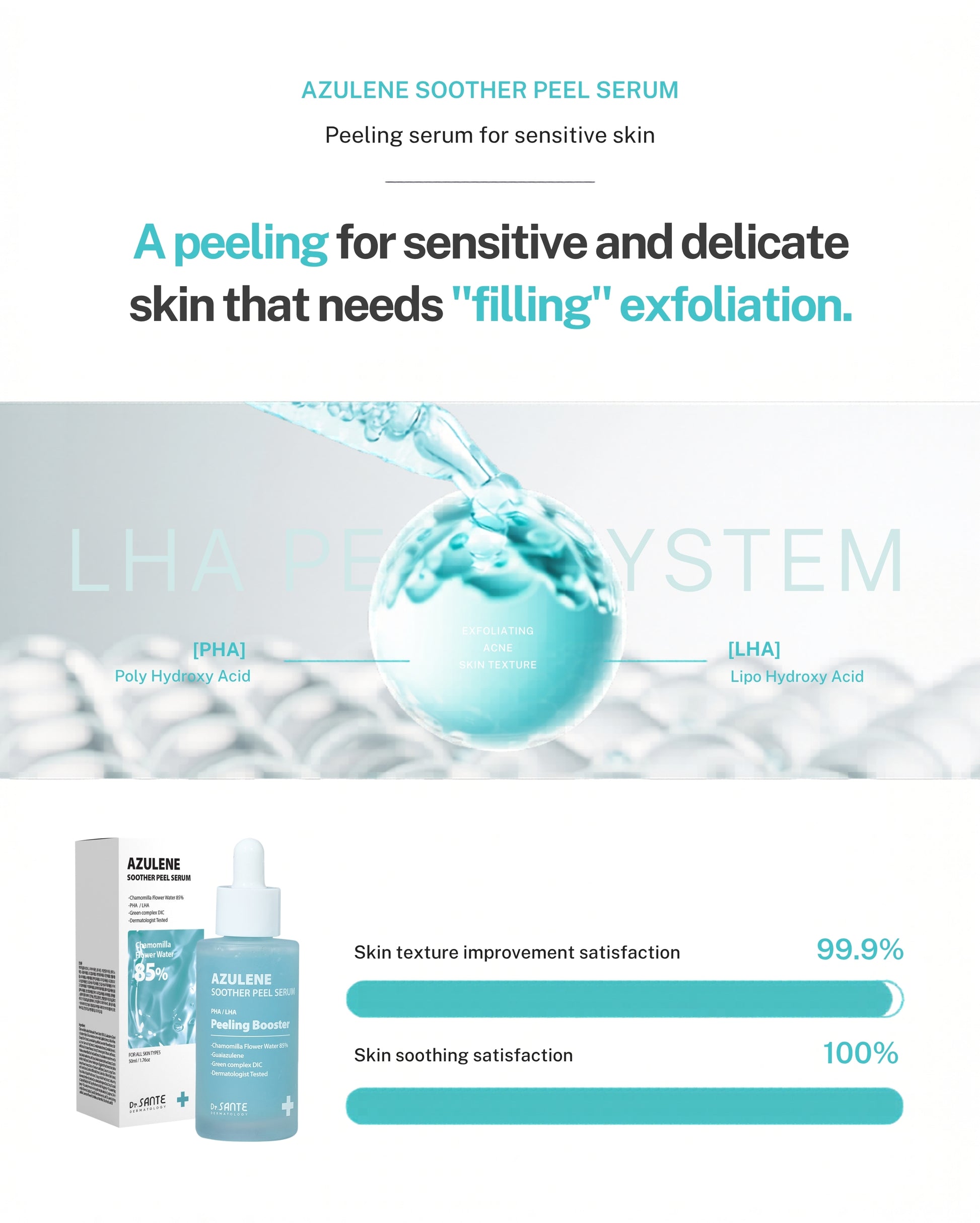 Dr. Sante Soother Peel Serum 50ml

Gentle Peeling &amp; Hydrating Booster for Smooth, Bright &amp; Calm Skin

A low-irritation peeling booster serum formulated with 85% chamomile flower water instead of purified water, designed to gently exfoliate while soothing and hydrating the skin.

Enriched with PHA and LHA, it effectively removes unnecessary dead skin cells without causing irritation, helping to refine skin texture and promote a clearer, brighter complexion.

This serum not only exfoliates but also de