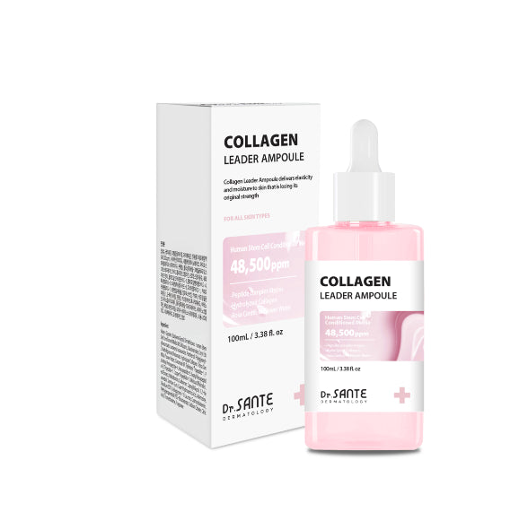 Dr. Sante Collagen Leader Ampoule 100ml (3.38oz)

Elasticity &amp; Revitalizing Ampoule for Dry, Weak &amp; Aging Skin

A concentrated elasticity ampoule formulated with 48,500 ppm Human Adipose-Derived Stem Cell Conditioned Media to help restore weakened skin vitality, improve elasticity, and deeply hydrate tired-looking skin.

Infused with 6 types of peptides, Hydrolyzed Collagen, and Provence Rose Flower Water, this nourishing ampoule helps support skin renewal while improving the appearance of firmness,
