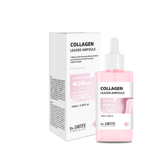 Dr. Sante Collagen Leader Ampoule 100ml (3.38oz)

Elasticity &amp; Revitalizing Ampoule for Dry, Weak &amp; Aging Skin

A concentrated elasticity ampoule formulated with 48,500 ppm Human Adipose-Derived Stem Cell Conditioned Media to help restore weakened skin vitality, improve elasticity, and deeply hydrate tired-looking skin.

Infused with 6 types of peptides, Hydrolyzed Collagen, and Provence Rose Flower Water, this nourishing ampoule helps support skin renewal while improving the appearance of firmness,