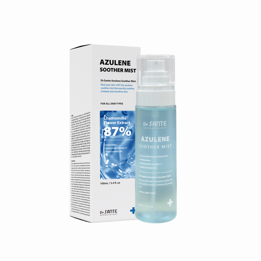 Dr. Sante Azulene Soother Mist 100ml

Ultra-Fine Soothing Facial Mist for Hydrated &amp; Refreshed Skin

A lightweight facial mist formulated with chamomile flower extract and guaiazulene instead of purified water to instantly soothe, hydrate, and comfort sensitive skin. The ultra-fine mist absorbs evenly without dripping, leaving skin refreshed and nourished anytime throughout the day.

Using a low-temperature drying process and advanced DIC extraction method, highly concentrated botanical ingredients are 